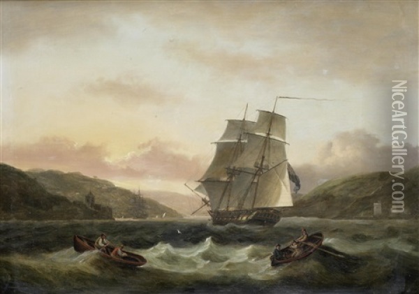 A Frigate Of The Royal Navy Running Into The Dart On The Full Tide, With Dartmouth Castle And St. Petrox Church To Port And Kingswear Castle To Starboard Oil Painting - Thomas Luny
