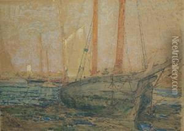 View With A Beached Sailboat Oil Painting - Harry Aiken Vincent