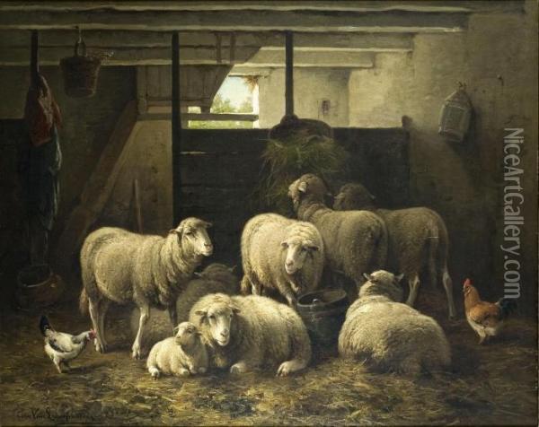 Stall Mit Schafen Und Huhnern Oil Painting - Cornelis van Leemputten