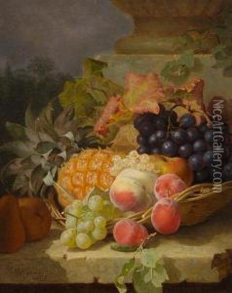 Still Life Of Fruit In A Basket On A Stone Ledge Oil Painting - Eloise Harriet Stannard