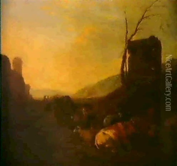 Herde Und Hirten In Der Romischen Campagna Oil Painting - Jan van Ossenbeeck