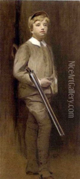 Portrait Of A Young Boy, Full-length, With A Shotgun Oil Painting - John McClure Hamilton
