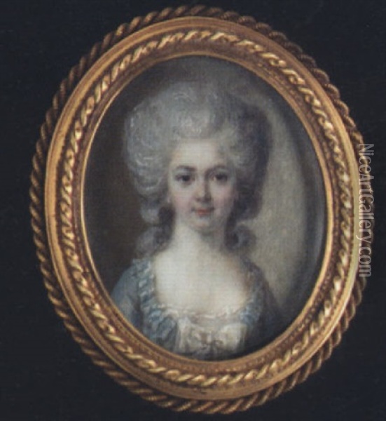 A Lady With Powdered Hair, Wearing Decollete Pale Blue Dress With White Lace Trim And Bow At Her Corsage Oil Painting - Pierre Rouvier