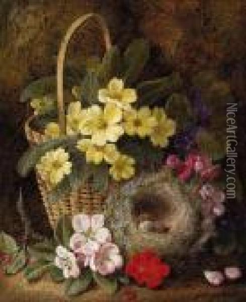 Still Life With Primroses, Violas, Cherry Blossom And Geraniums Anda Thrush's Nest Oil Painting - George Clare