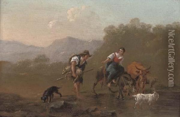 A Drover And A Shepherdess 
Fording A River; And A River Landscape With A Drover And His Family At 
Rest On A Bank Oil Painting - Nicolaes Berchem