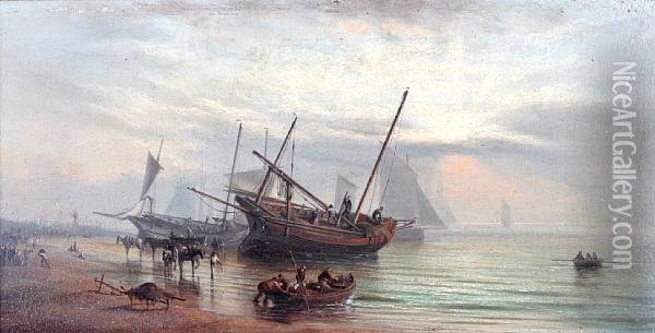 Eventide With Beached Fishing Vessels Oil Painting - William Jenner