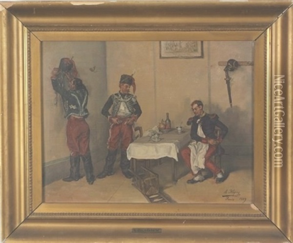 Three Infantrymen Indoors Oil Painting - Albert Bligny