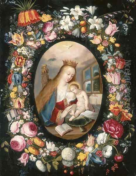 A garland of flowers surrounding a medallion of the Virgin and Child Oil Painting - Andries Daniels