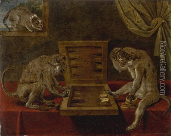 Monkeys Playing Backgammon Watched By A Cat Oil Painting - Paul de Vos