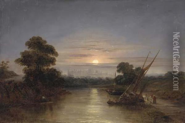 Barges On The Thames At Dusk, With Windsor Castle Beyond Oil Painting - Edward Charles Williams