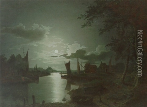 A Moonlit River With Boats Moored By A Hamlet Oil Painting - Sebastian Pether