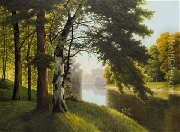 Landscape With A River Oil Painting - Fritz Chwala