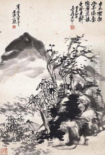 Pavilion In The Wood Oil Painting - Wu Changshuo