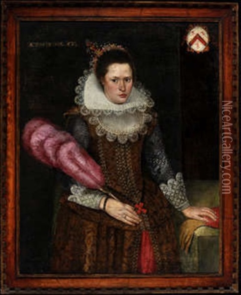 A Three-quarter Length Portrait Of A 17th Century Noblewoman Holding A Red Feather Fan Oil Painting - Frans Pourbus the Elder