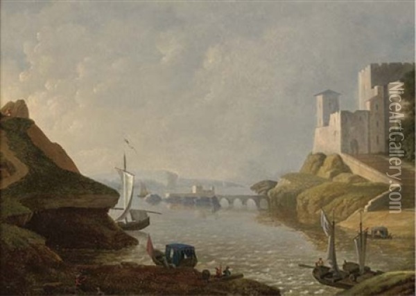 Figures And Vessels By A Coastal Fortress Oil Painting - Adolf Chwala