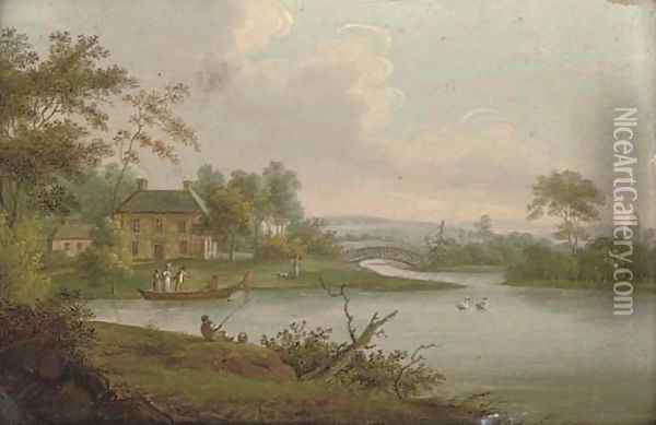 A river landscape with a cottage and elegant figures on a boat Oil Painting - English School