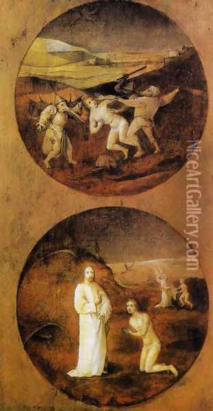 Mankind Beset by Devils (reverse of Noah panel) 1500-04 Oil Painting - Hieronymous Bosch