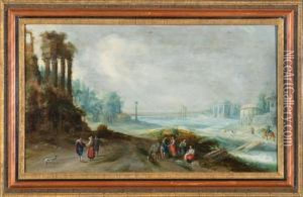 Paesaggio Con Figure E Rovine Oil Painting - Johannes Tilens