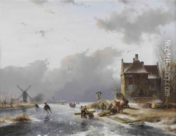 Loggers Transporting Trunks On The Ice Oil Painting - Andreas Schelfhout
