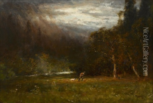 Hunter And His Dog In A Clearing Oil Painting - Thomas Hill