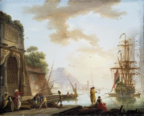 A Mediterranean Sea Port With Orientals Conversing Beneath An Ancient Roman Arch, A Man-o-war At Anchor Beyond Oil Painting - Charles Francois Lacroix