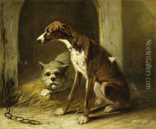 Two Dogs In Front Of A Dog House Oil Painting - Zacharias Notermann