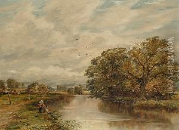 Figures Fishing By A River Oil Painting - James Orrock