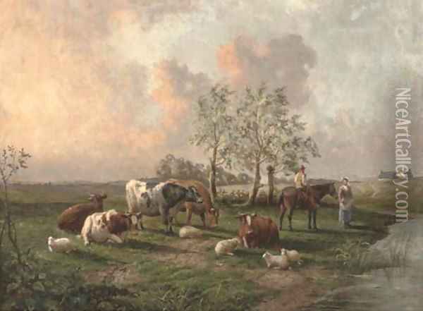 Figures with cattle and sheep in a landscape Oil Painting - Thomas Sidney Cooper