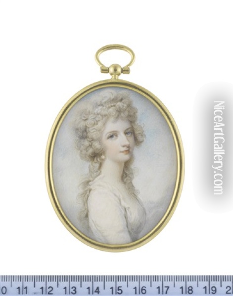 A Lady, Wearing White Dress With Frilled Trim To Her Decollete, Pearl Pendant Earring, Her Powdered Hair Dressed With A Strand Of Pearls And Worn A La Conseilleur Oil Painting - Richard Cosway