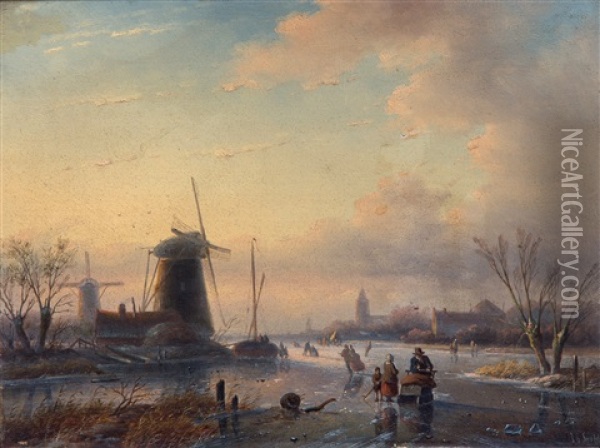 Skating On The Frozen River Near A Windmill Oil Painting - Jan Jacob Coenraad Spohler