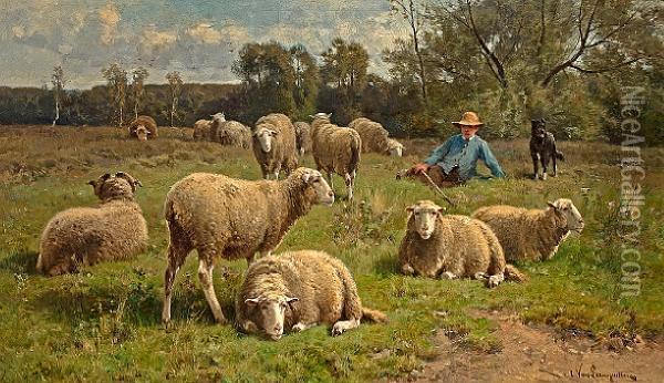 A Shepherd And His Dog Guarding A Flock Ofsheep Oil Painting - Cornelis van Leemputten