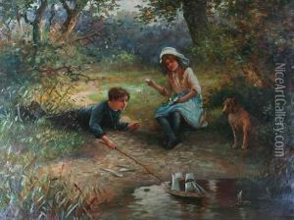 The Wind In Their Sails, Children Playing Withtoy Boats By The Waters Edge Oil Painting - Alexander Rossi