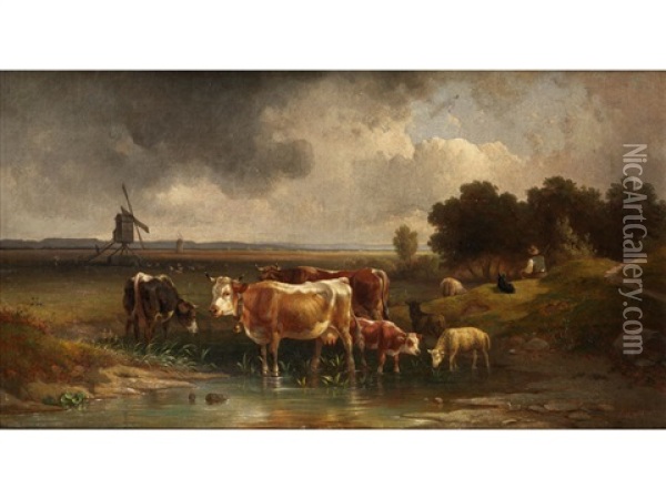 Rinder, Schafe Und Hirte In Einer Landschaft Oil Painting - Edmund Mahlknecht
