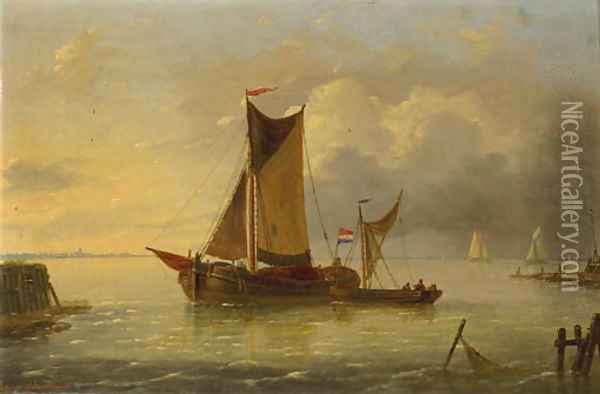 Sailing vessels in a harbour entrance Oil Painting - Louis Verboeckhoven