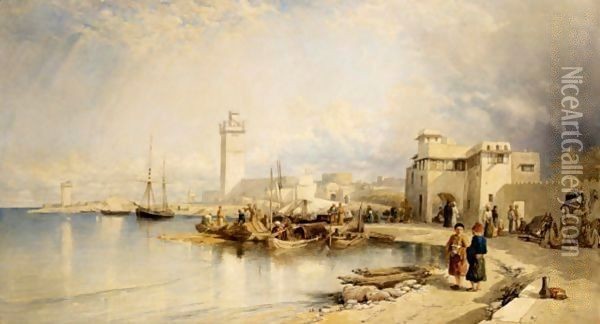 View Of The Port Of Rhodes Oil Painting - William James Muller