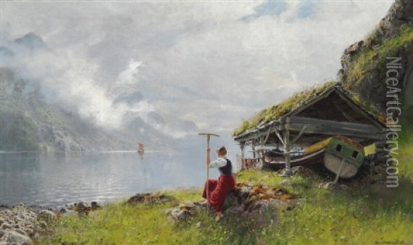 Norwegian Landscape With A Young Woman Overlooking The Fjord Oil Painting - Hans Andreas Dahl