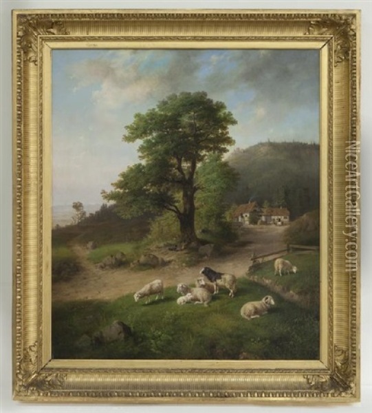 Untitled (image Of Farm Scene With Sheep) Oil Painting - Carl Jutz the Elder