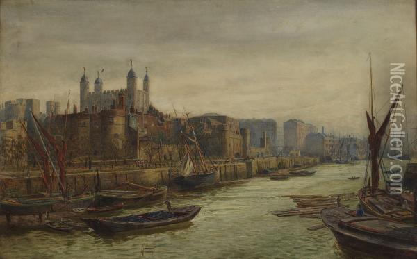 Shipping On The Thames, Tower Of London In The Distance Oil Painting - Thomas Marie Madawaska Hemy