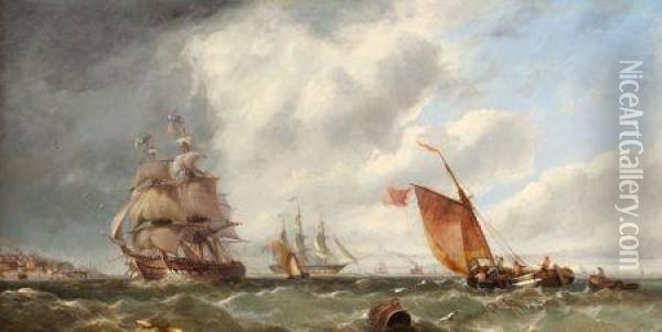 Busy Shipping Lane Off A Coastal Town Oil Painting - John Callow
