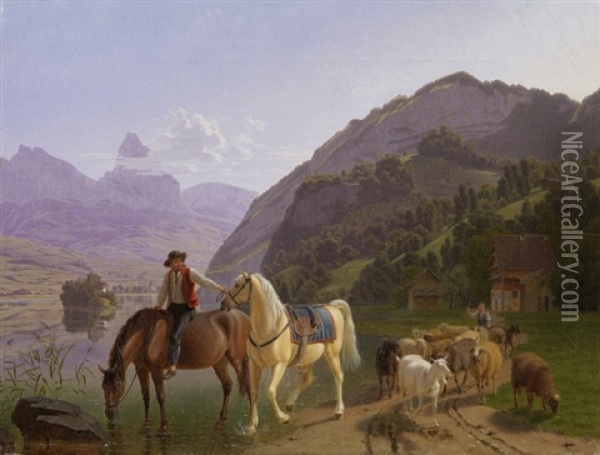 Berittener Hirte Vor Mythen Und Rigi Oil Painting - Johann Jakob Biedermann