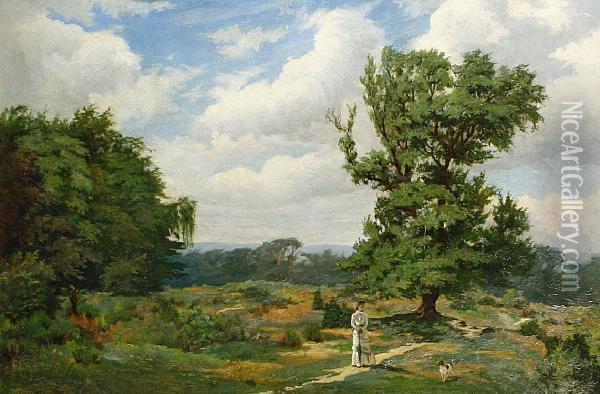 A Breezy Country Landscape With A Lady And Her Dog Oil Painting - Sidney Holland