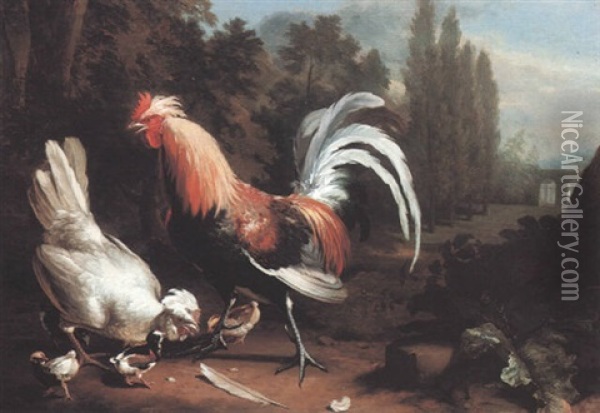 Silver Houdon Hen With Chicks And Cockerel In A Landscape Oil Painting - Charles Collins