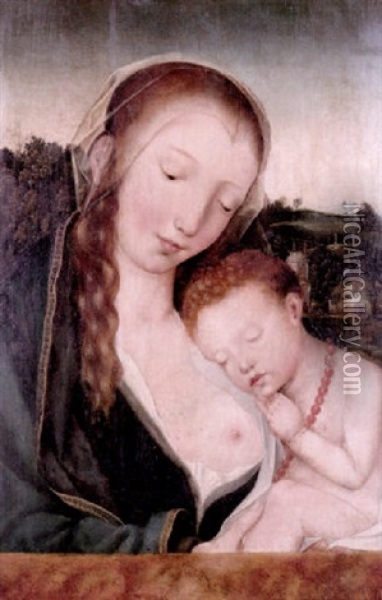 The Madonna And Child, Seated, A Landscape Beyond Oil Painting - Quentin Massys the Elder