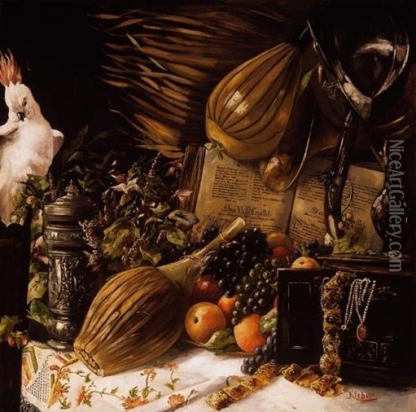 Still Life With White Cockatoo Oil Painting - Franz Georg Kleber
