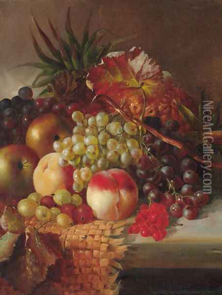 Grapes, peaches, apples, gooseberries, and pineapples on a wicker mat on a stone ledge Oil Painting - Henry George Todd