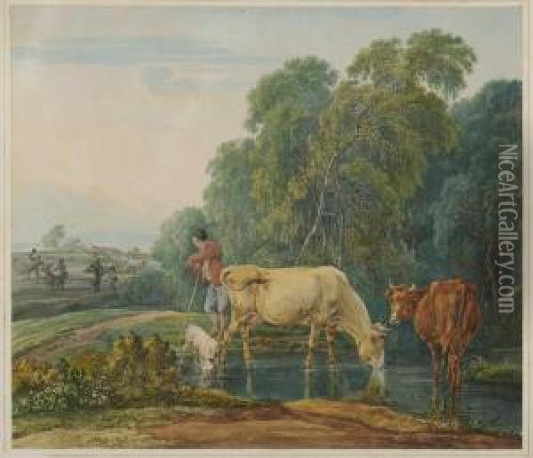 Hirte Mit Zwei Rindern Und Einem Hund An Der Tranke. Oil Painting - Wilhelm Alexander W. Von Kobell