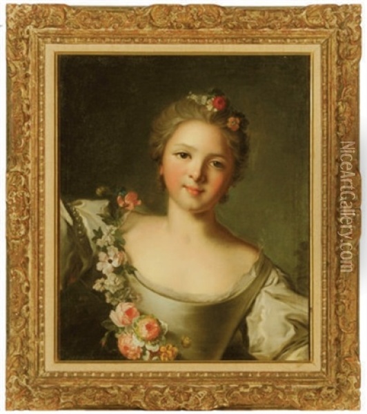 Portrait Of Francoise-renee De Carbonnel De Canisy, Marquise D'antin, With A Wreath Of Flowers In Her Hair And A Garland Of Flowers Around Her Shoulder Oil Painting - Jean Marc Nattier
