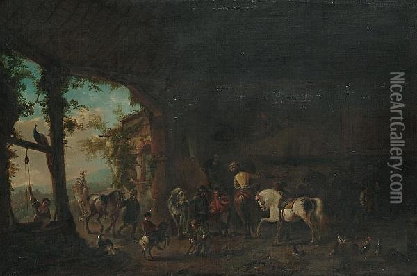 Horsemen And Boys In A Barn Interior, A Landscape Beyond Oil Painting - Pieter Wouwermans or Wouwerman