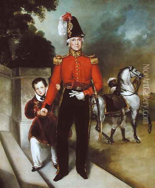 General Sir James Dennis 1778-1855 with his son, a syce leading away his charger 1843 Oil Painting - Heinrich Schaeffer