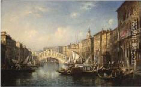 Venice, A View Of The Grand Canal With The Rialto Bridge Oil Painting - Adolf Sukkert